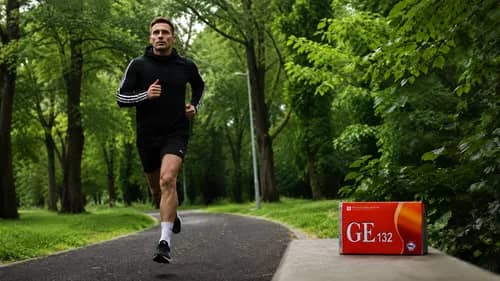 Man in athletic wear jogging on a forest path next to a box labeled "GE 132."