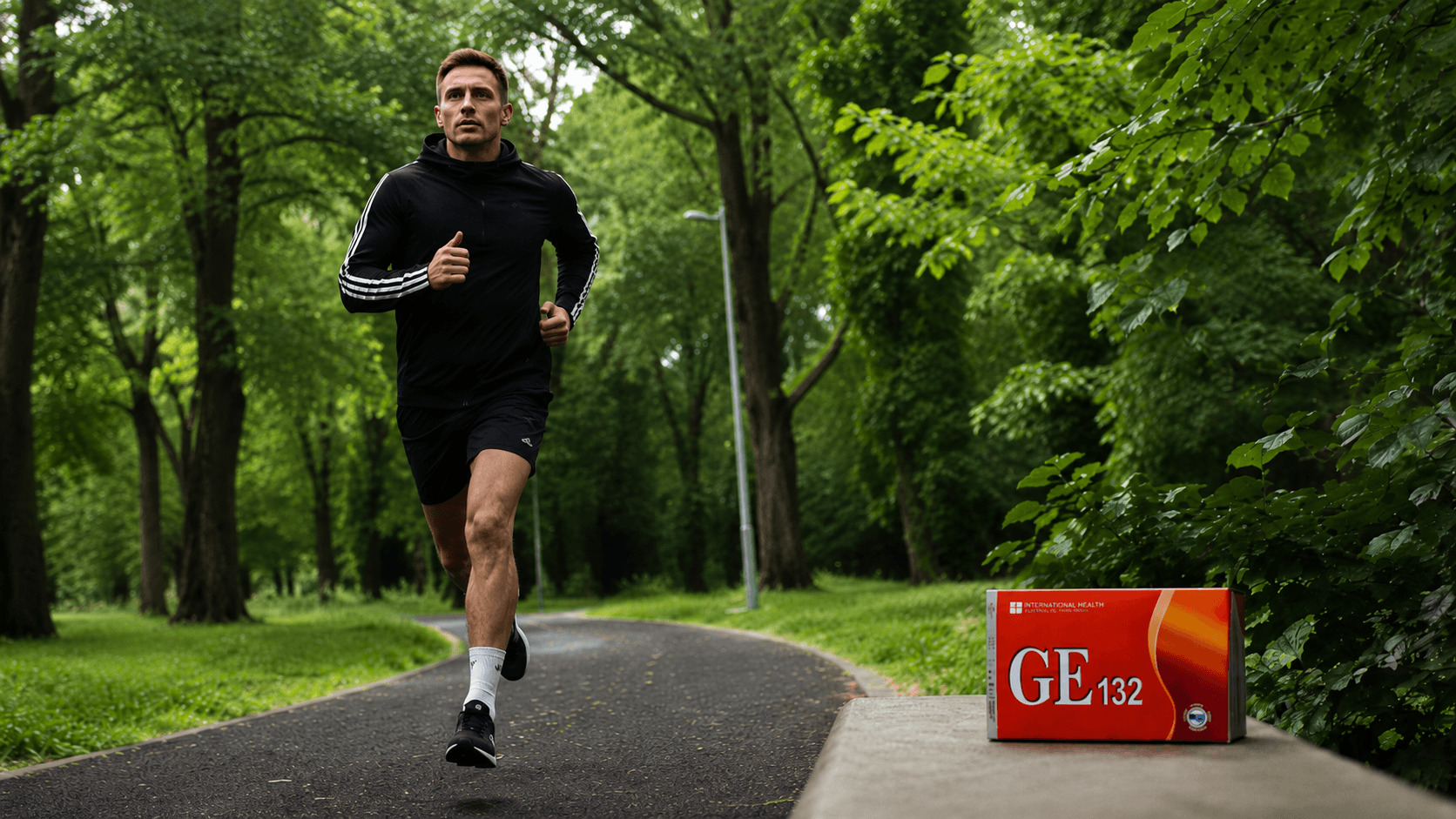 Man in athletic wear jogging on a forest path next to a box labeled "GE 132."