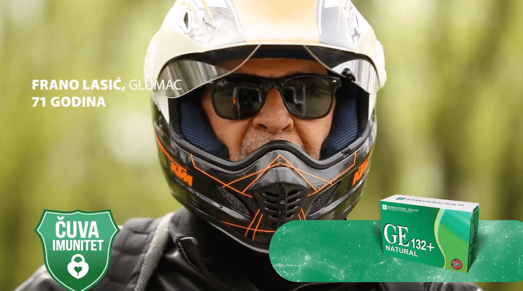 A man wearing a motorcycle helmet and sunglasses. Text on image promotes immunity and a product called GF 132+ Natural.